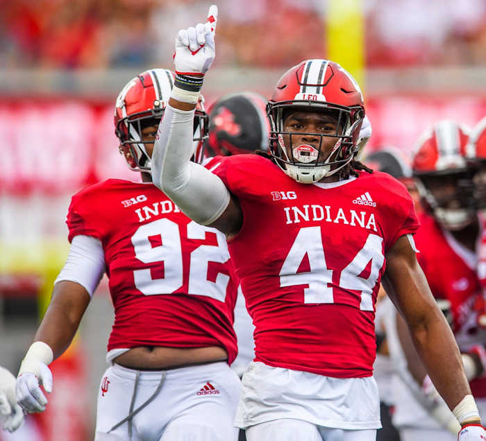 Indiana's Aaron Casey celebrates a backfield tackle during the Indiana versus Western Kentucky football game at Memorial Stadium on Sept. 17, 2022.
